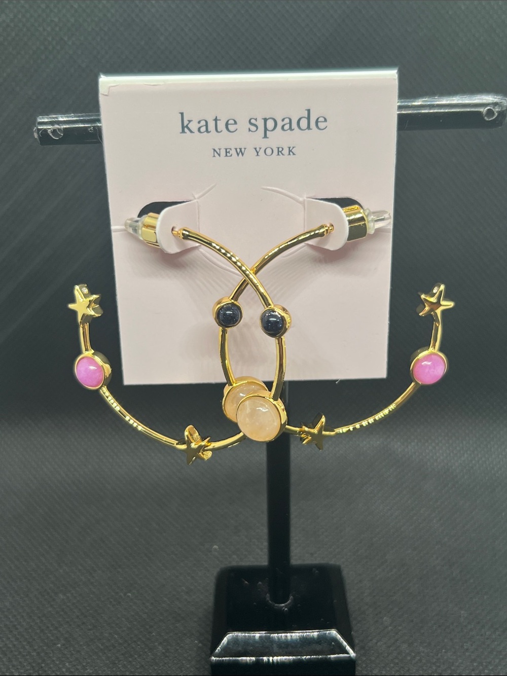 kate spade gold-tone hoop earrings with pink and black accents